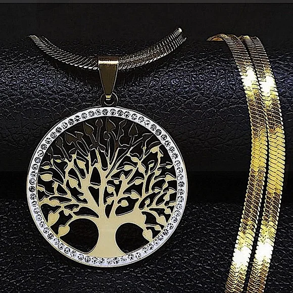 18K GOLD PLATED TREE OF LIFE BRACELET AND NECKLES EARRINGS BUNDLE - Picture 4 of 10